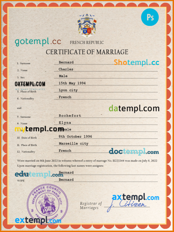 France marriage certificate PSD template, completely editable