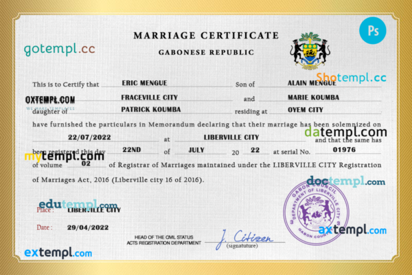 Gabon marriage certificate PSD template, fully editable