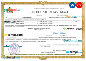 Gambia marriage certificate Word and PDF template, completely editable