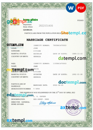 Georgia marriage certificate Word and PDF template, fully editable