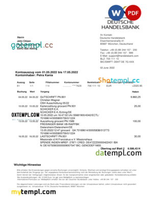 Germany Handelsbank bank statement, Word and PDF template