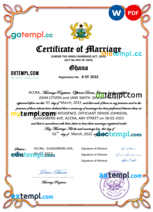 Ghana marriage certificate Word and PDF template, fully editable