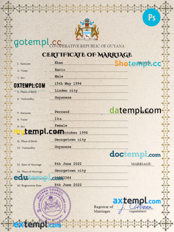 Guyana marriage certificate PSD template, fully editable