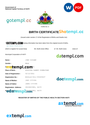 Haiti vital record birth certificate Word and PDF template, completely editable