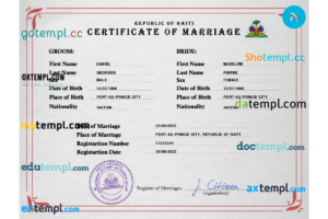 Haiti marriage certificate PSD template, completely editable