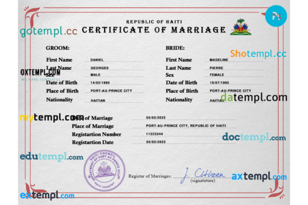 Haiti marriage certificate PSD template, completely editable