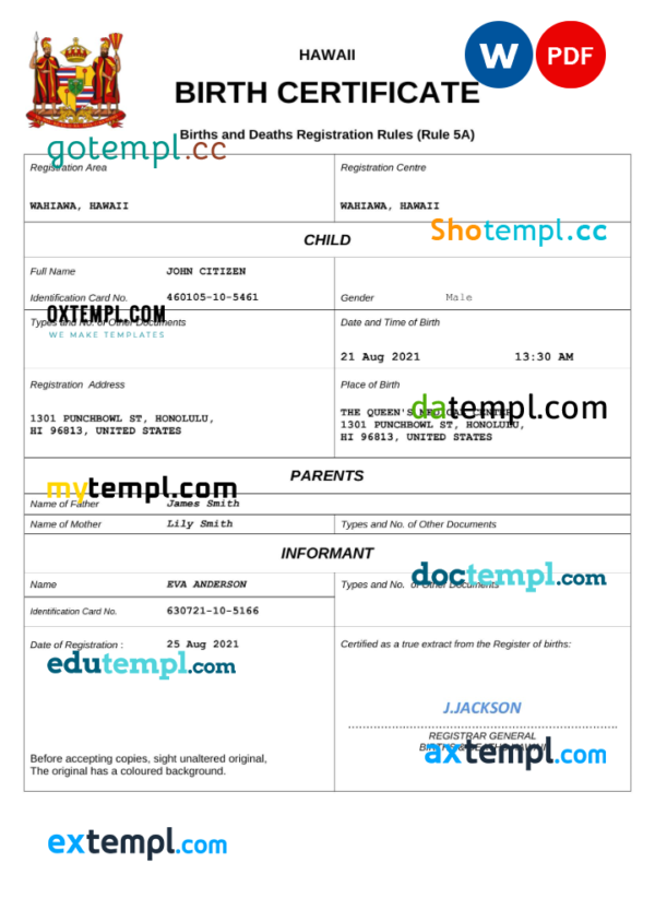 Hawaii birth certificate Word and PDF template, completely editable