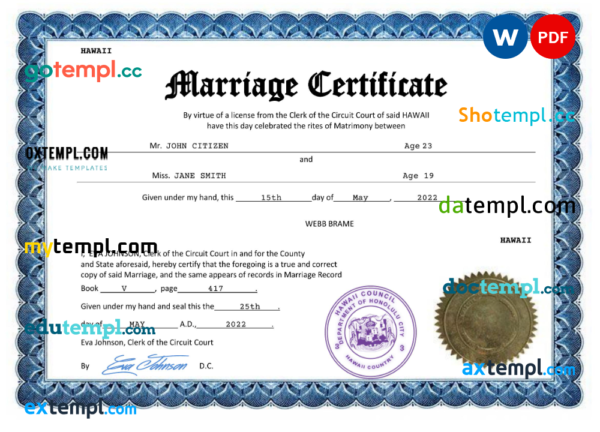 Hawaii marriage certificate Word and PDF template, fully editable