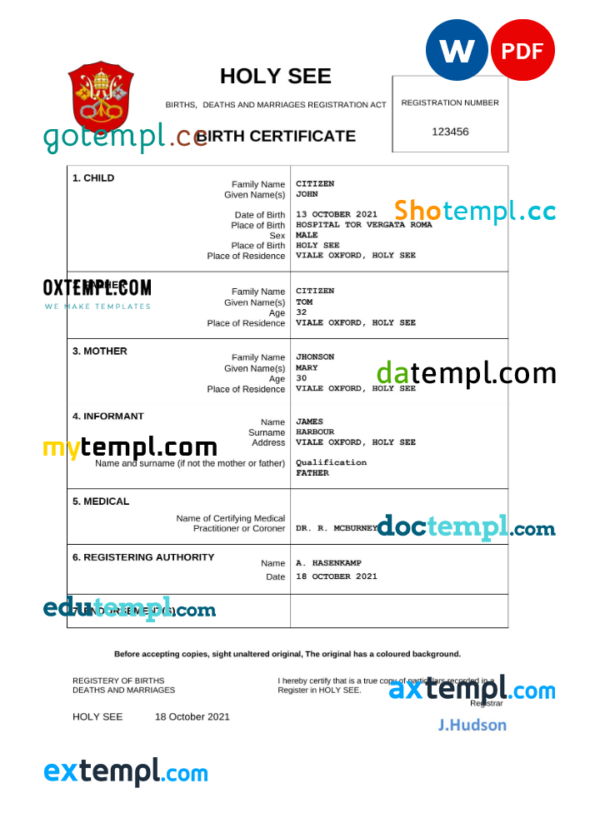 Holy See vital record birth certificate Word and PDF template, completely editable
