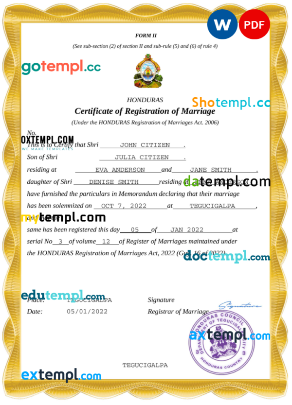 Honduras marriage certificate Word and PDF template, fully editable
