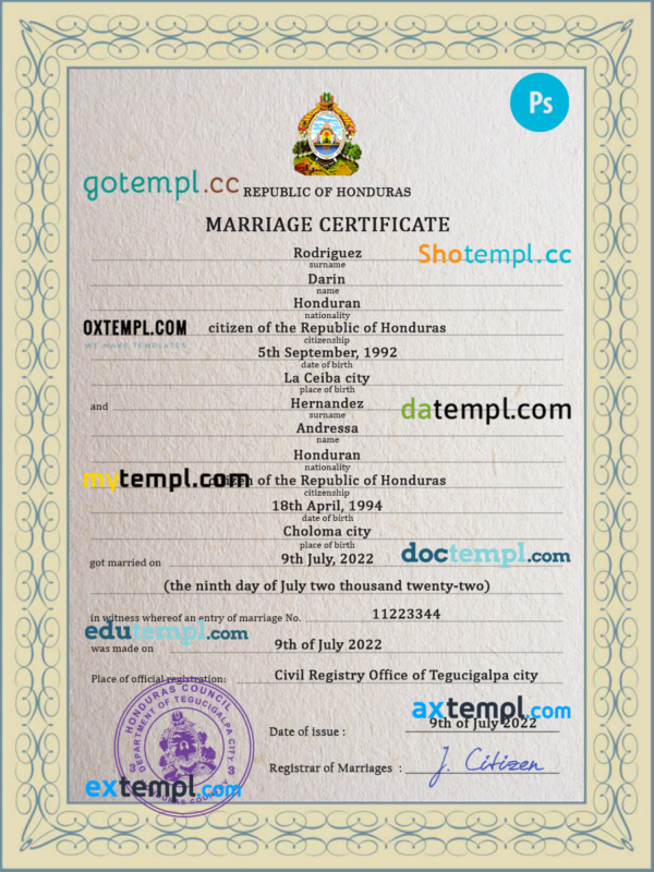 Honduras marriage certificate PSD template, fully editable