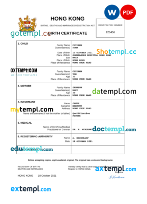 Hong Kong birth certificate Word and PDF template, completely editable