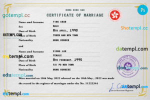 Hong-Kong marriage certificate PSD template, completely editable
