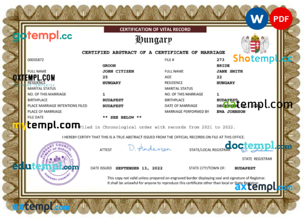 Hungary marriage certificate Word and PDF template, fully editable