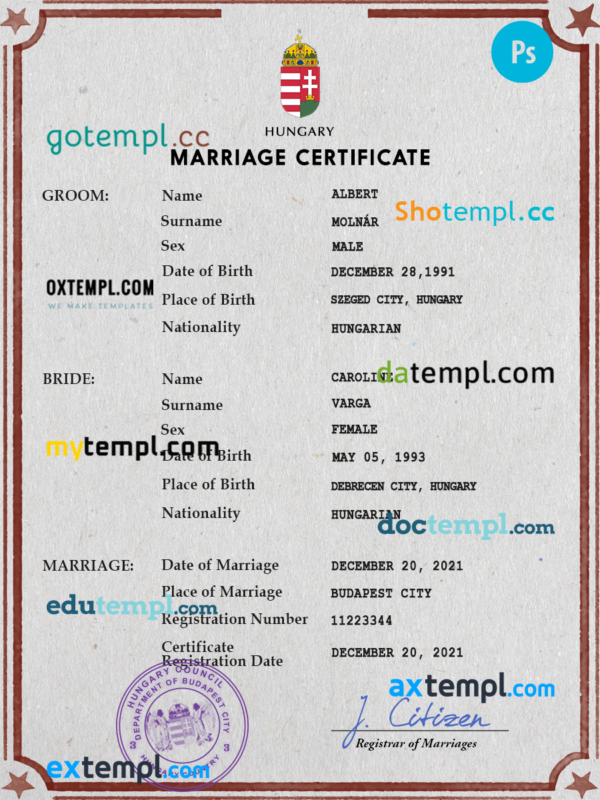 Hungary marriage certificate PSD template, fully editable