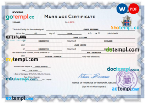 Iceland marriage certificate Word and PDF template, completely editable