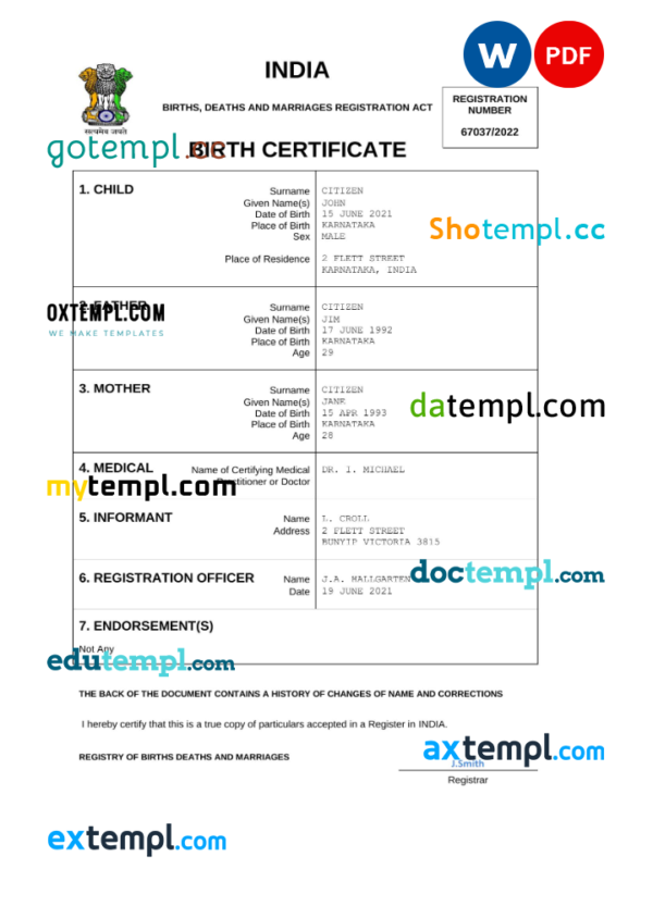 India vital record birth certificate Word and PDF template, completely editable