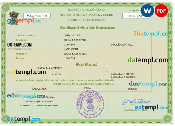 India marriage certificate Word and PDF template, fully editable
