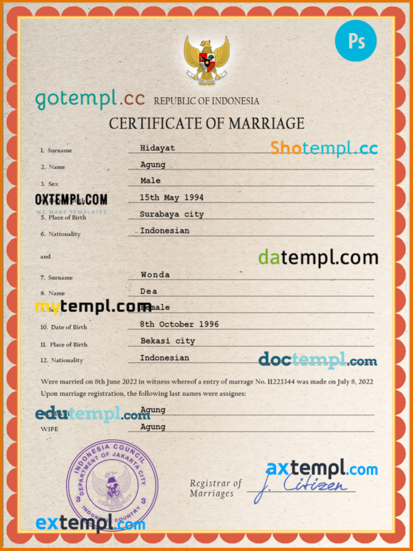 Indonesia marriage certificate PSD template, completely editable