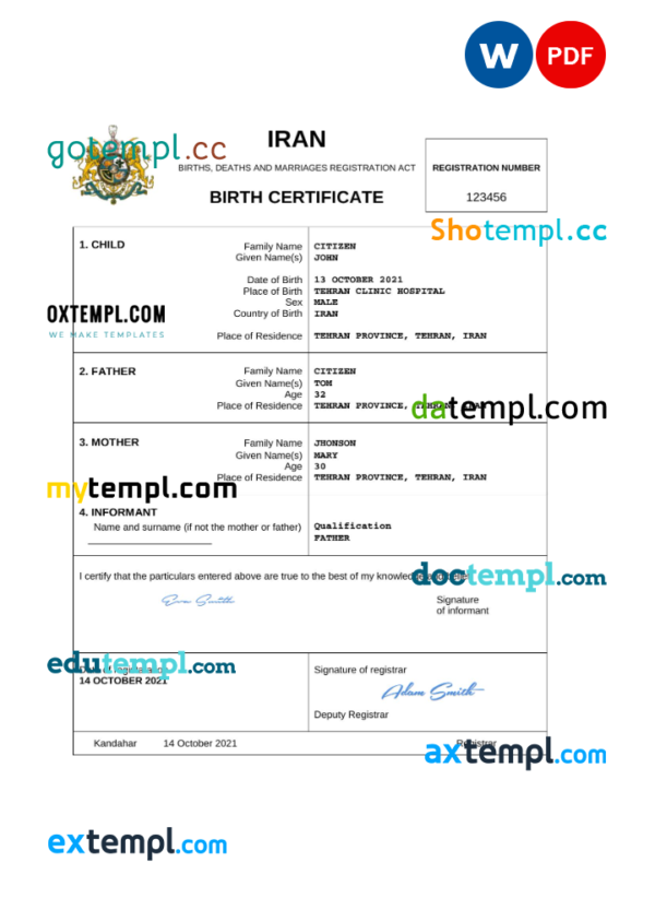 Iran vital record birth certificate Word and PDF template, completely editable