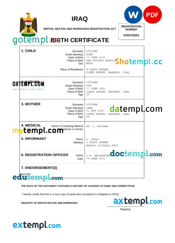 Iraq birth certificate Word and PDF template, completely editable