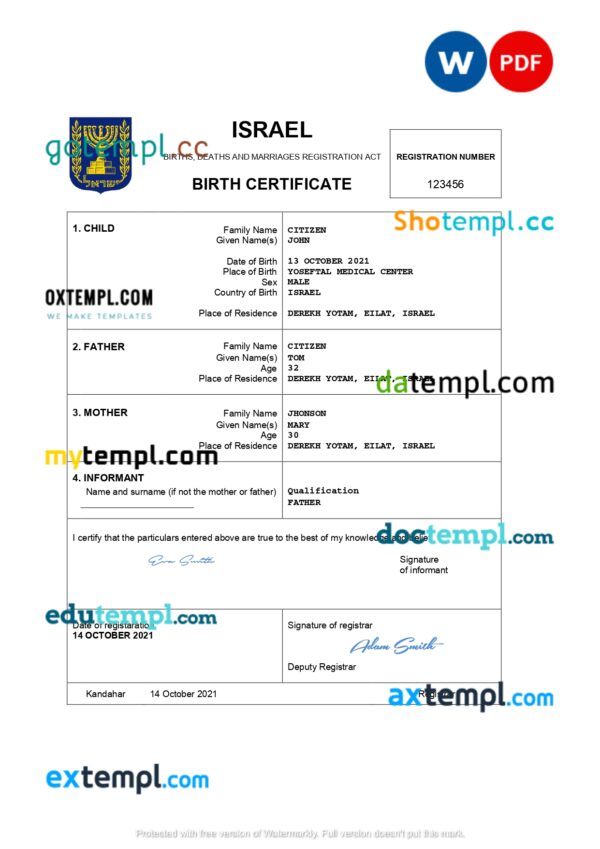 Israel vital record birth certificate Word and PDF template, completely editable