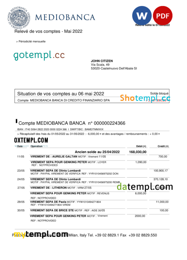 Italy Mediobanca bank statement Word and PDF template
