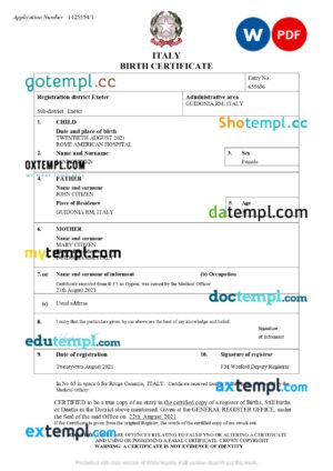 Italy birth certificate Word and PDF template, completely editable