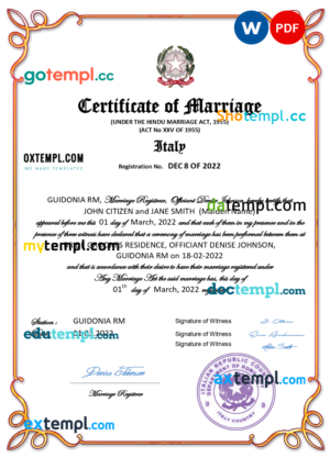Italy marriage certificate Word and PDF template, fully editable