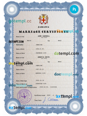 Jamaica marriage certificate PSD template, completely editable