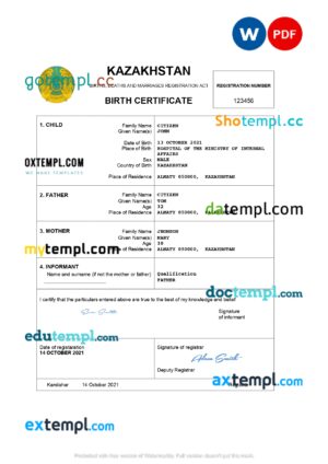 Kazakhstan vital record birth certificate Word and PDF template, completely editable