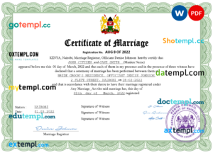 Kenya marriage certificate Word and PDF template, completely editable