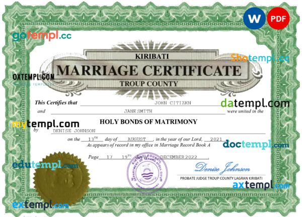 Kiribati marriage certificate Word and PDF template, fully editable
