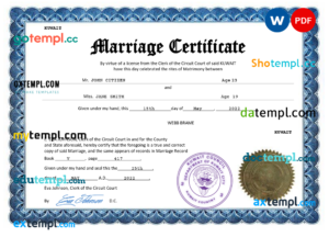 Kuwait marriage certificate Word and PDF template, completely editable