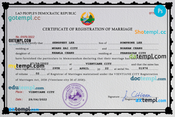 Laos marriage certificate PSD template, completely editable