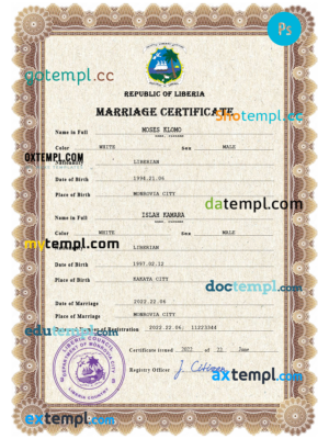 Liberia marriage certificate PSD template, completely editable