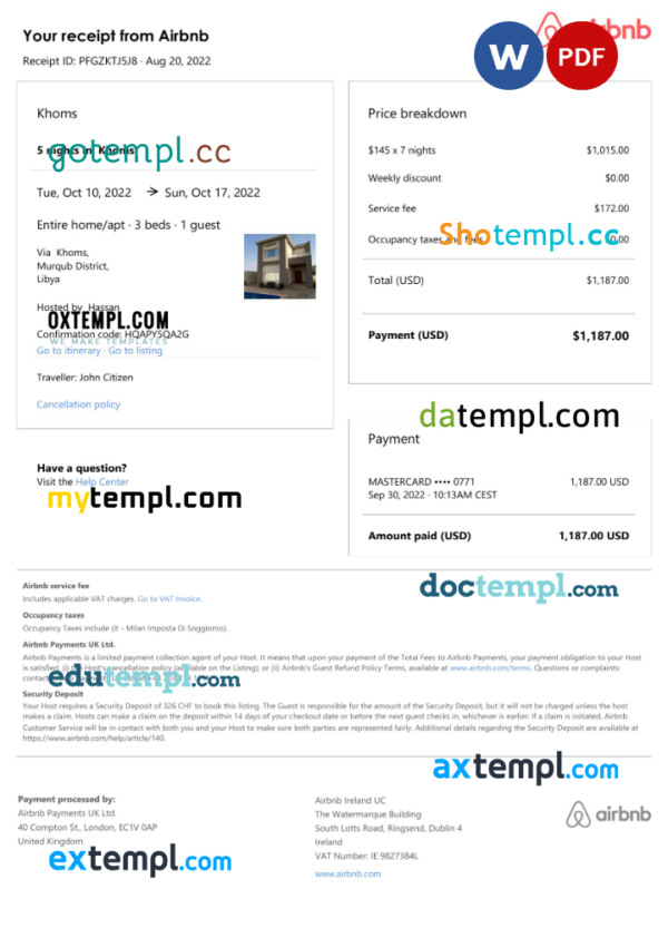 Libya Airbnb booking confirmation Word and PDF template