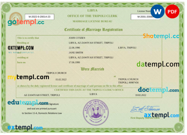 Libya marriage certificate Word and PDF template, fully editable