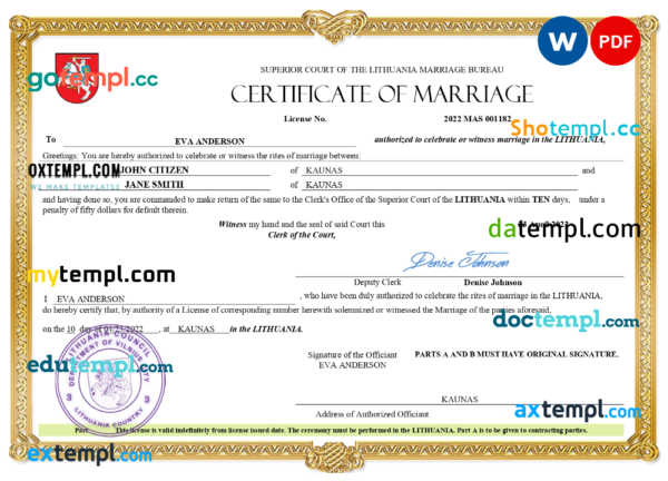 Lithuania marriage certificate Word and PDF template, fully editable