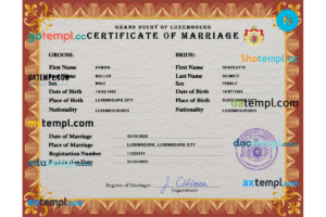 Luxembourg marriage certificate PSD template, fully editable
