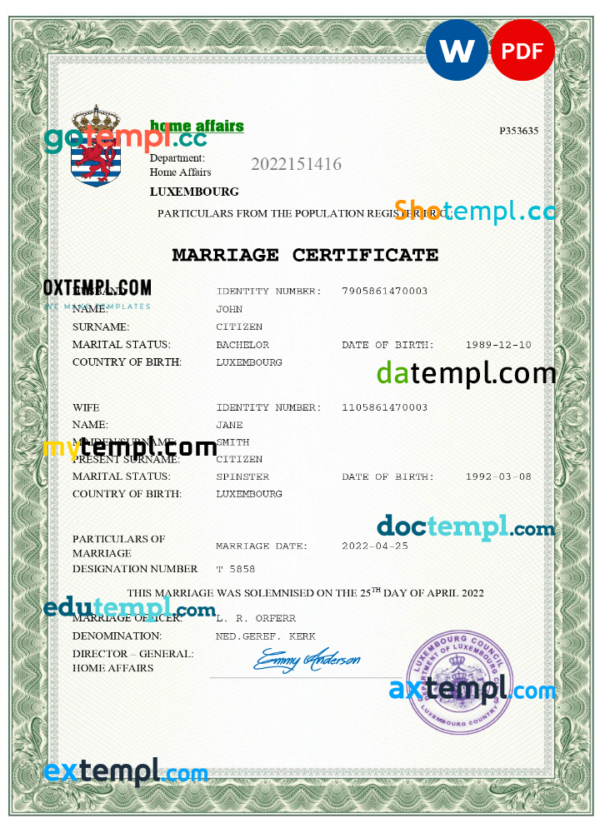 Luxembourg marriage certificate Word and PDF template, completely editable