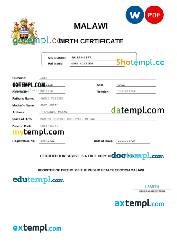 Malawi birth certificate Word and PDF template, completely editable