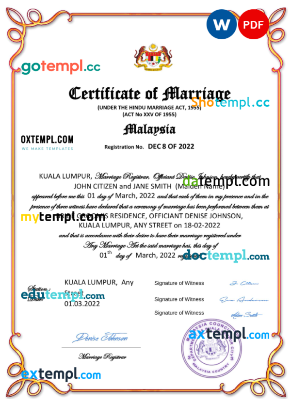 Malaysia marriage certificate Word and PDF template, fully editable