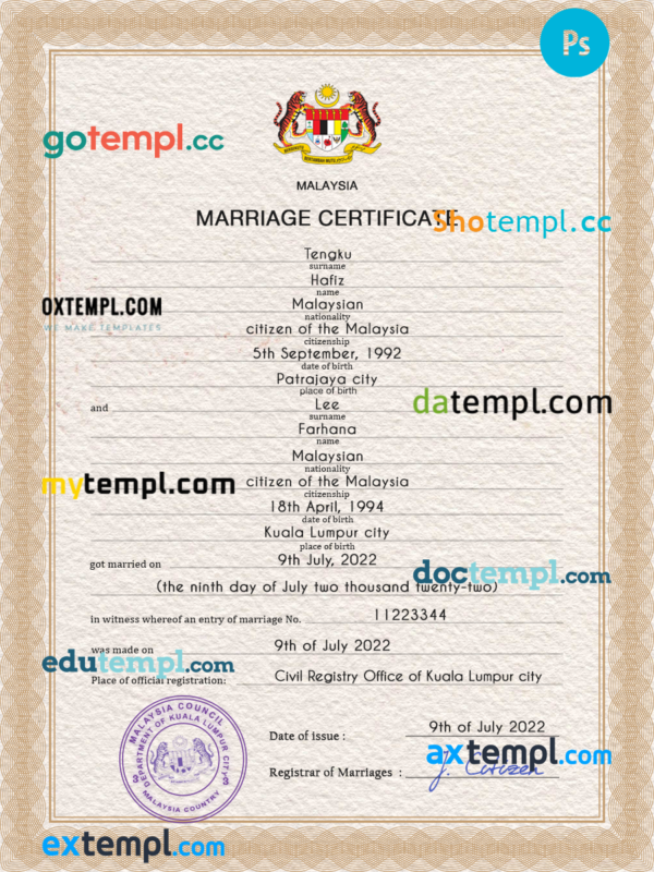 Malaysia marriage certificate PSD template, completely editable