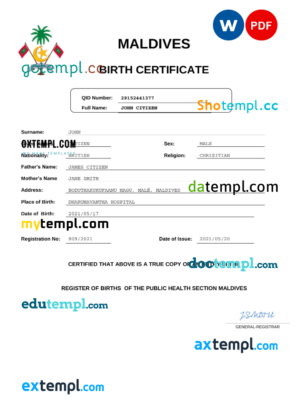 Maldives birth certificate Word and PDF template, completely editable