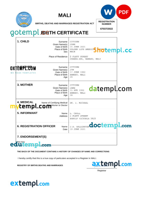 Mali vital record birth certificate Word and PDF template, completely editable