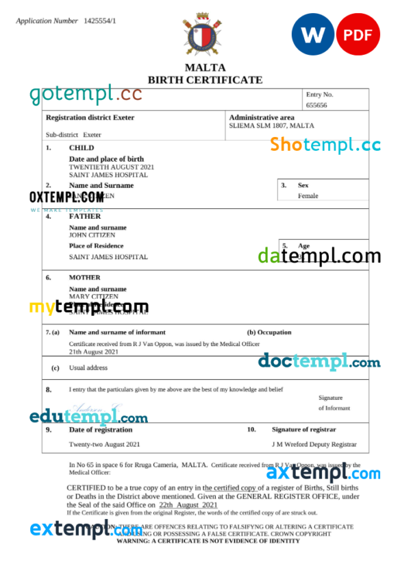Malta birth certificate Word and PDF template, completely editable