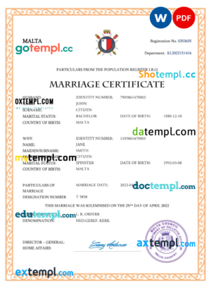 Malta marriage certificate Word and PDF template, completely editable
