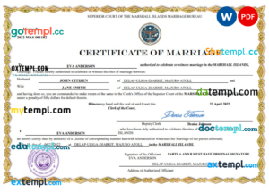 Marshall Islands marriage certificate Word and PDF template, fully editable