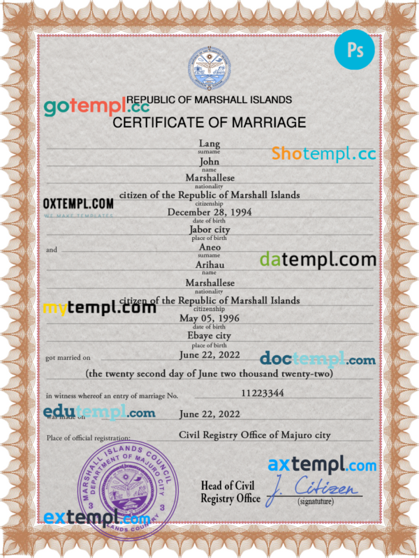 Marshall Islands marriage certificate PSD template, completely editable